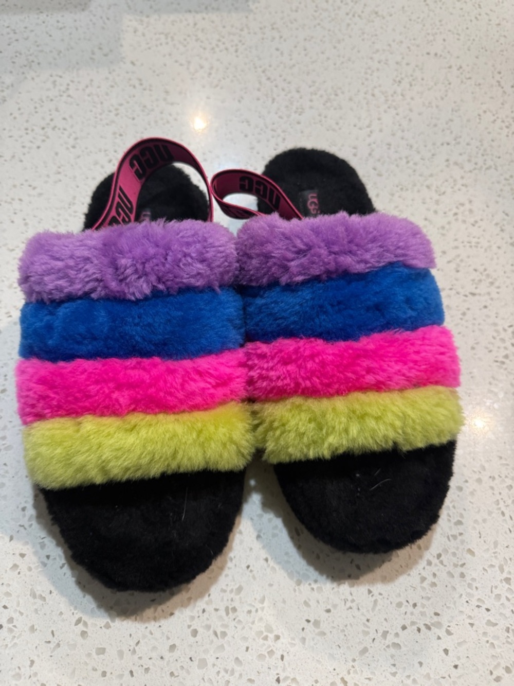 UGG Multi-Color Fuzzy Slide Sandals — Purple, Blue, Pink, Lime, Black